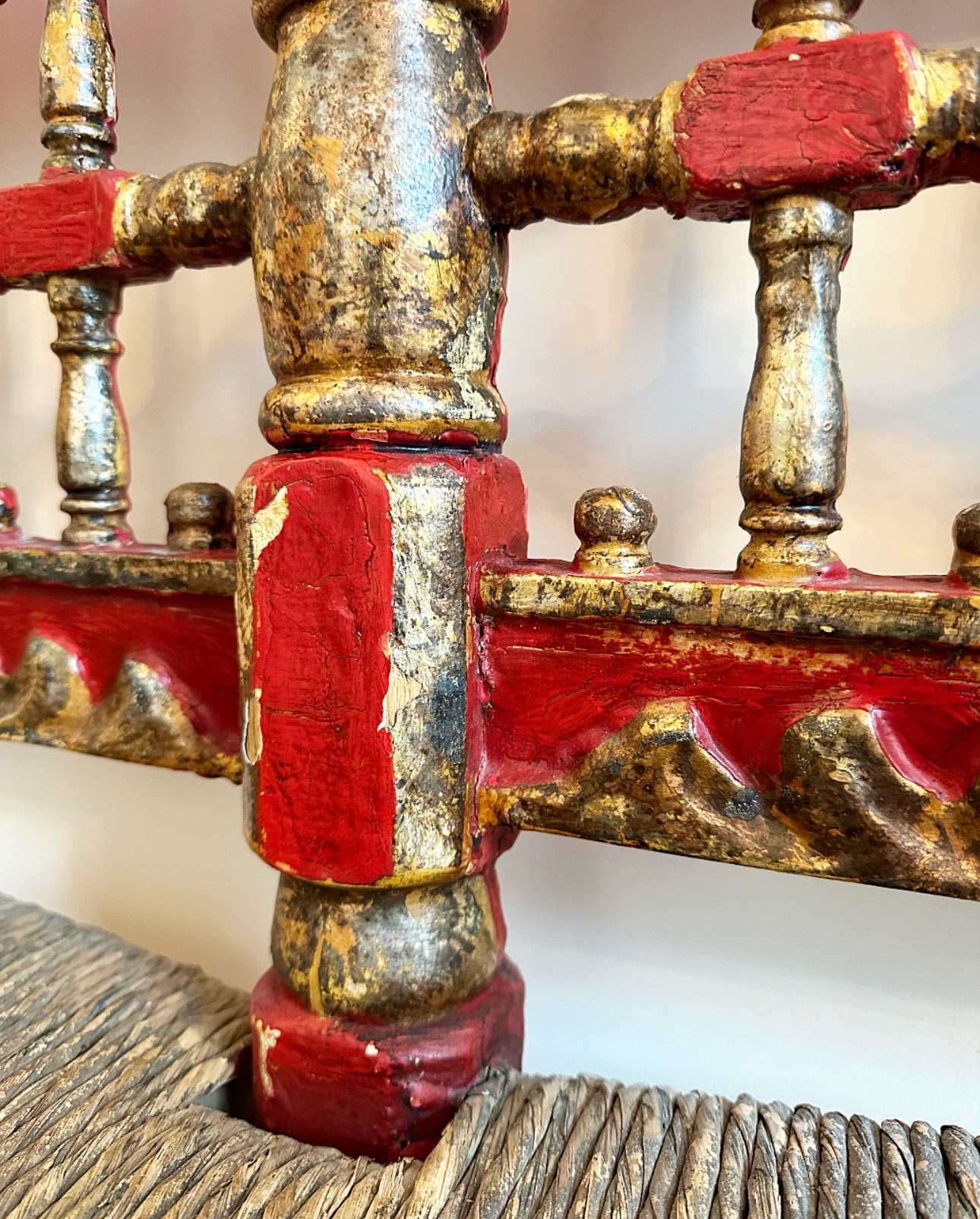 19th Century Spanish Andalusian Polychrome Red and Gold Bench