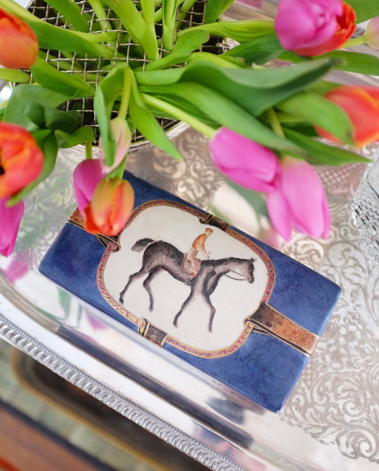 Navy Blue and Brown Ceramic Box with Equestrain