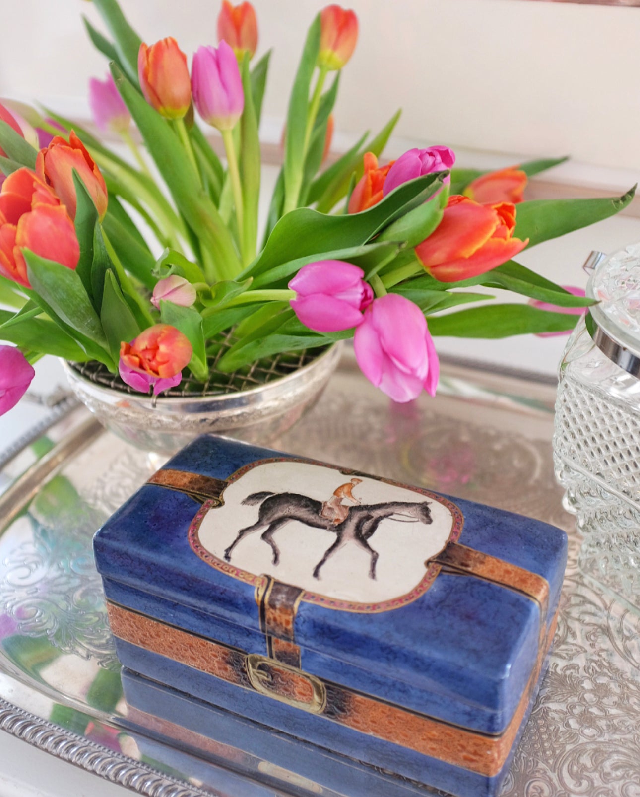Navy Blue and Brown Ceramic Box with Equestrain