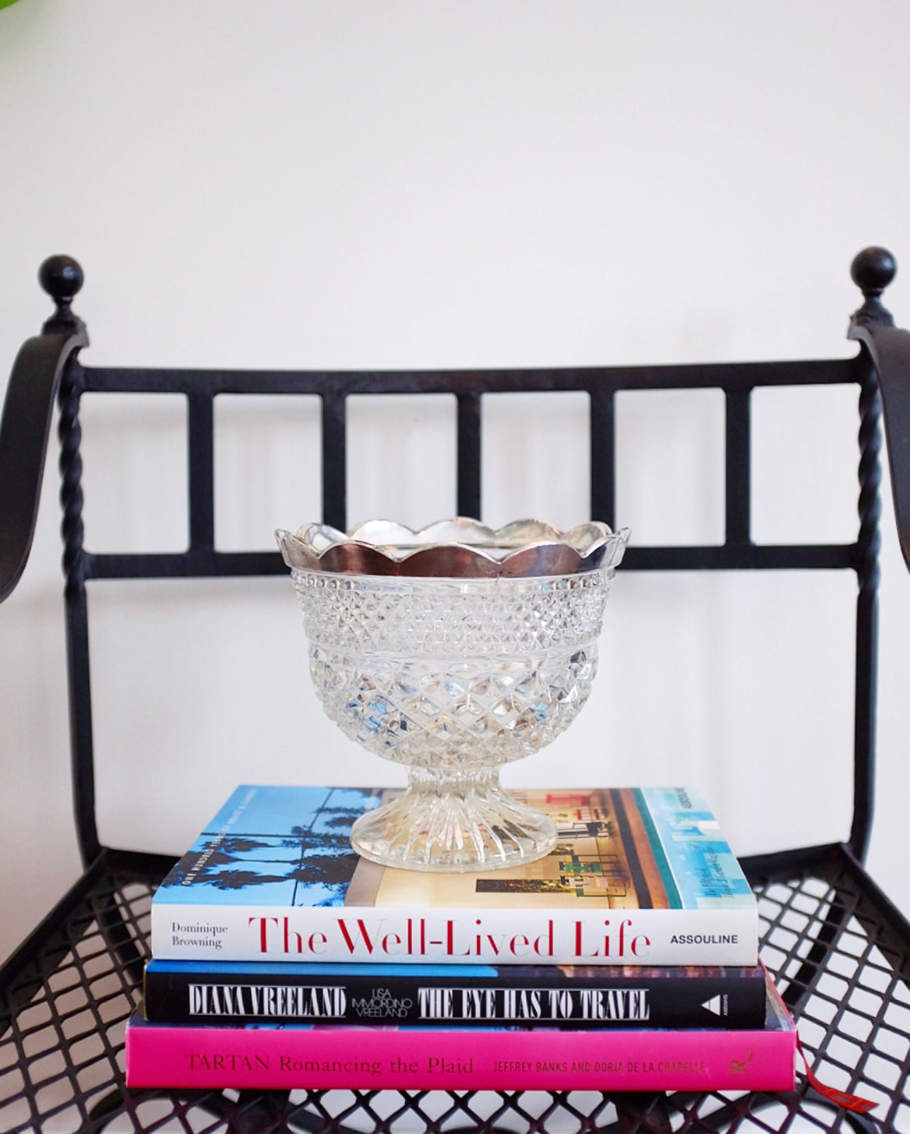 Glass Bowl on Pedestal with Silver Scallop Edge
