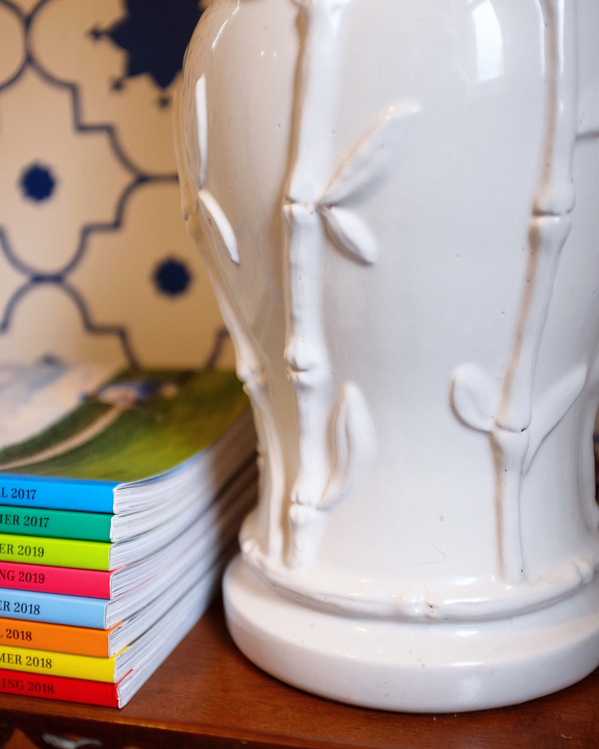 White Ginger Jar Lamp with Bamboo Details