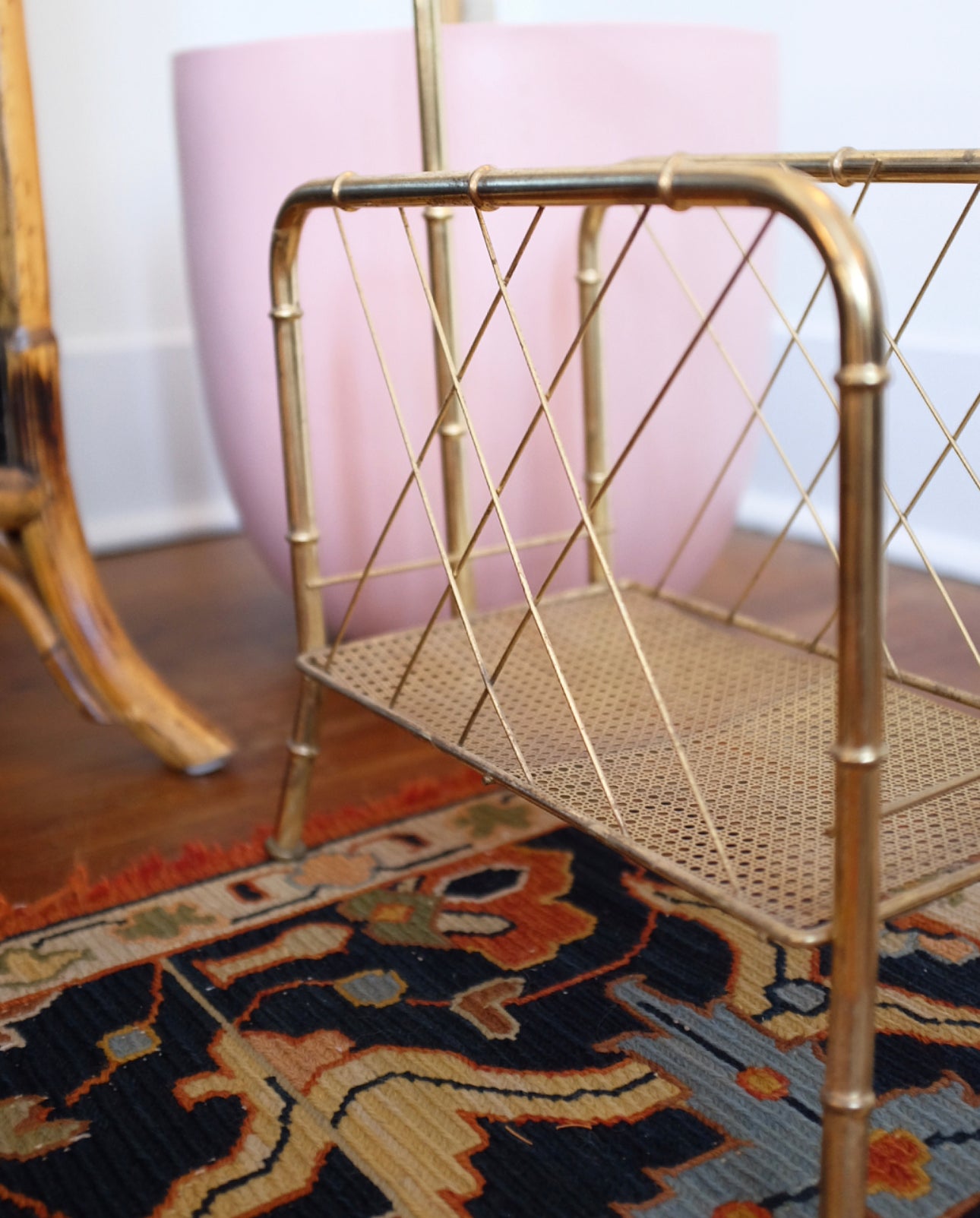 Brass Faux Bamboo and Cane Magazine Rack