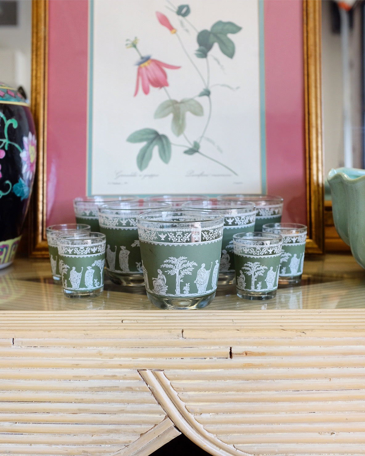 Set of Wedgwood Greek Green Jasperware Rocks and Shot Glasses
