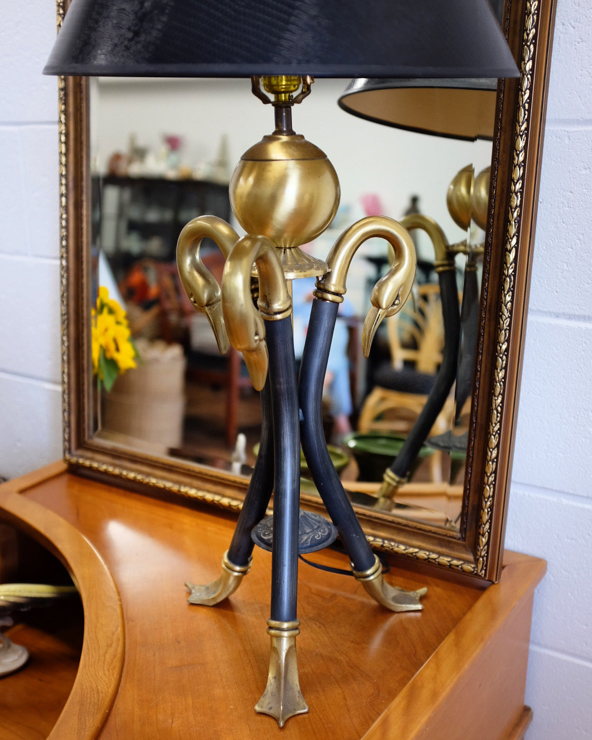 Black Metal and Brass Swan Lamp