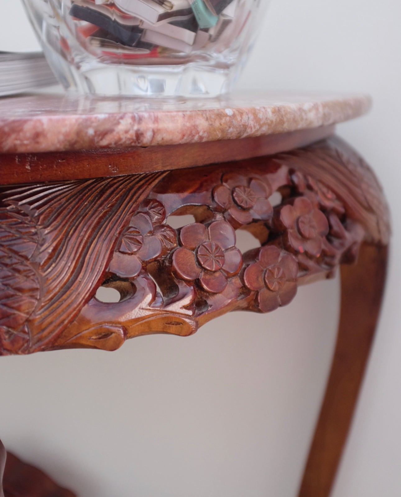 Carved Demi Lune Table with Pink Marble Top