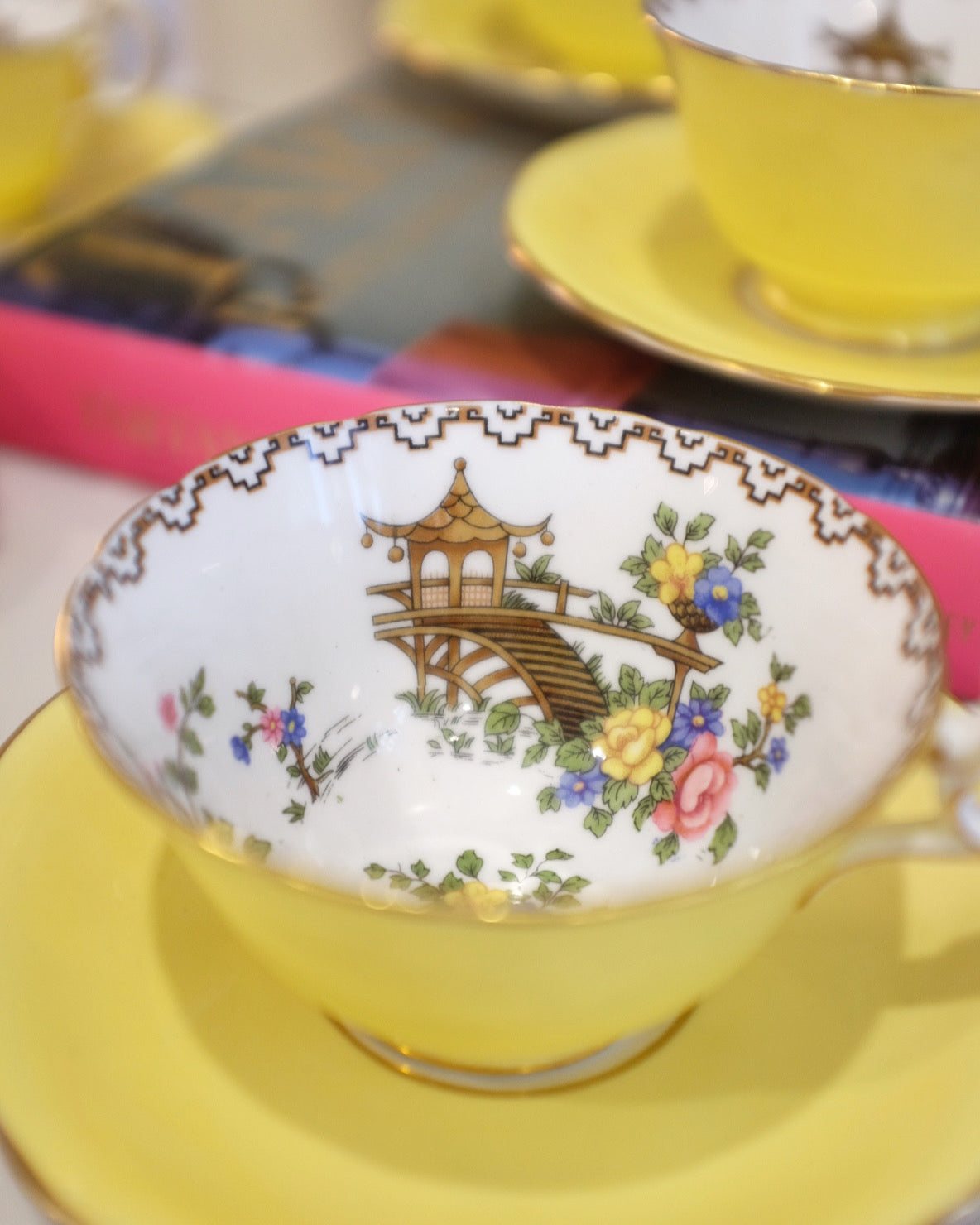 Yellow Aynsely England Pagoda Pattern Tea Cups & Saucers