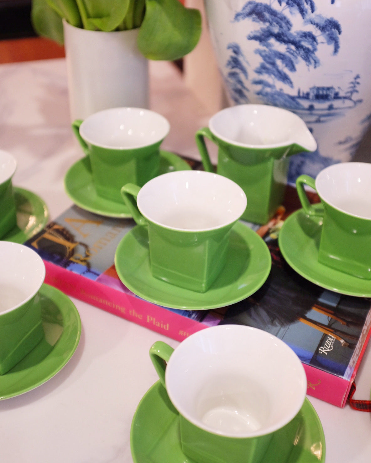 Green and White Johnson Bros. Square Tea Set