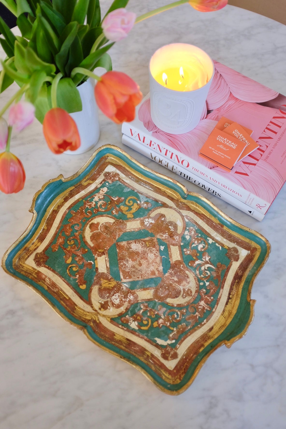 1950s Teal and Gilt Gold Florentine Tray