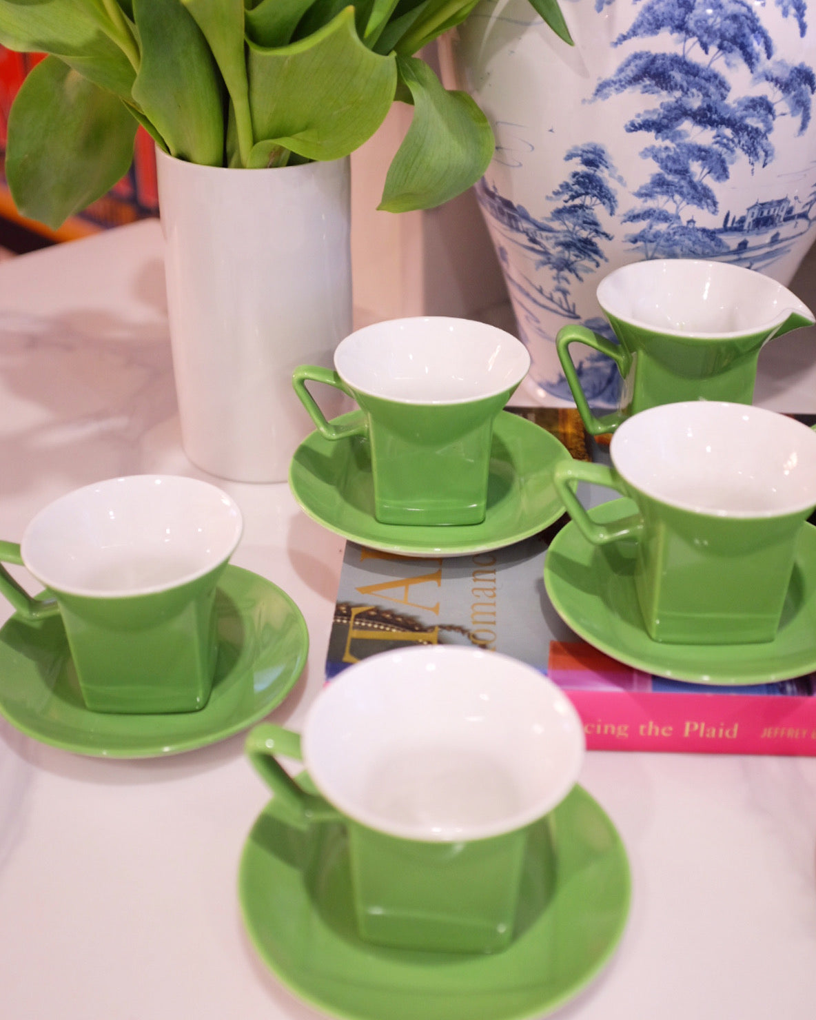 Green and White Johnson Bros. Square Tea Set