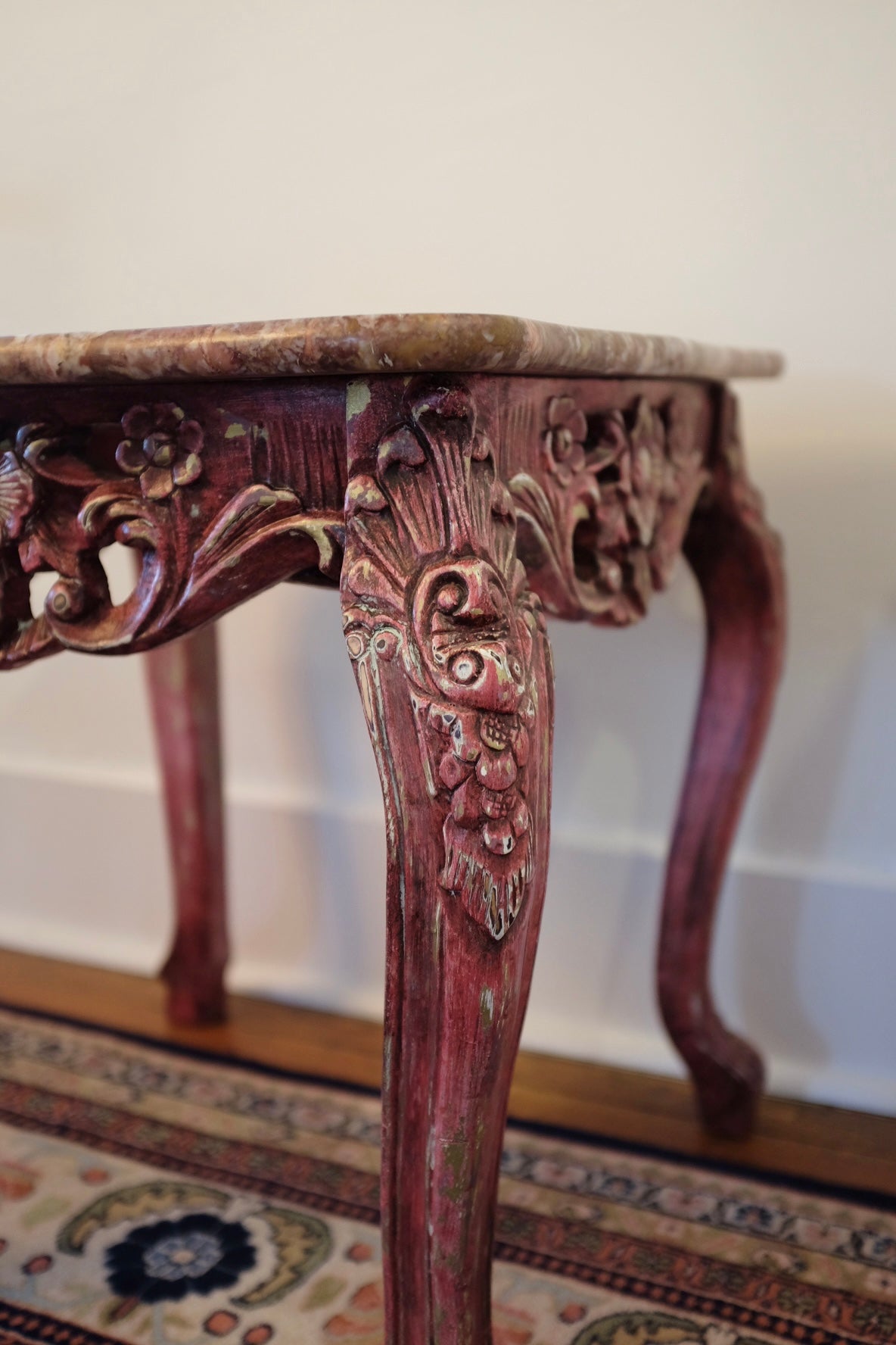 20th Century Carved Wood Pink Marble Top Tables