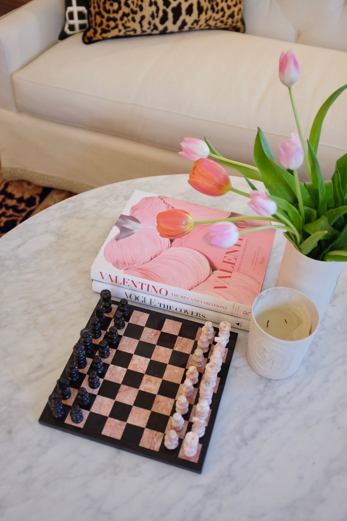 Pink and black marble chess board