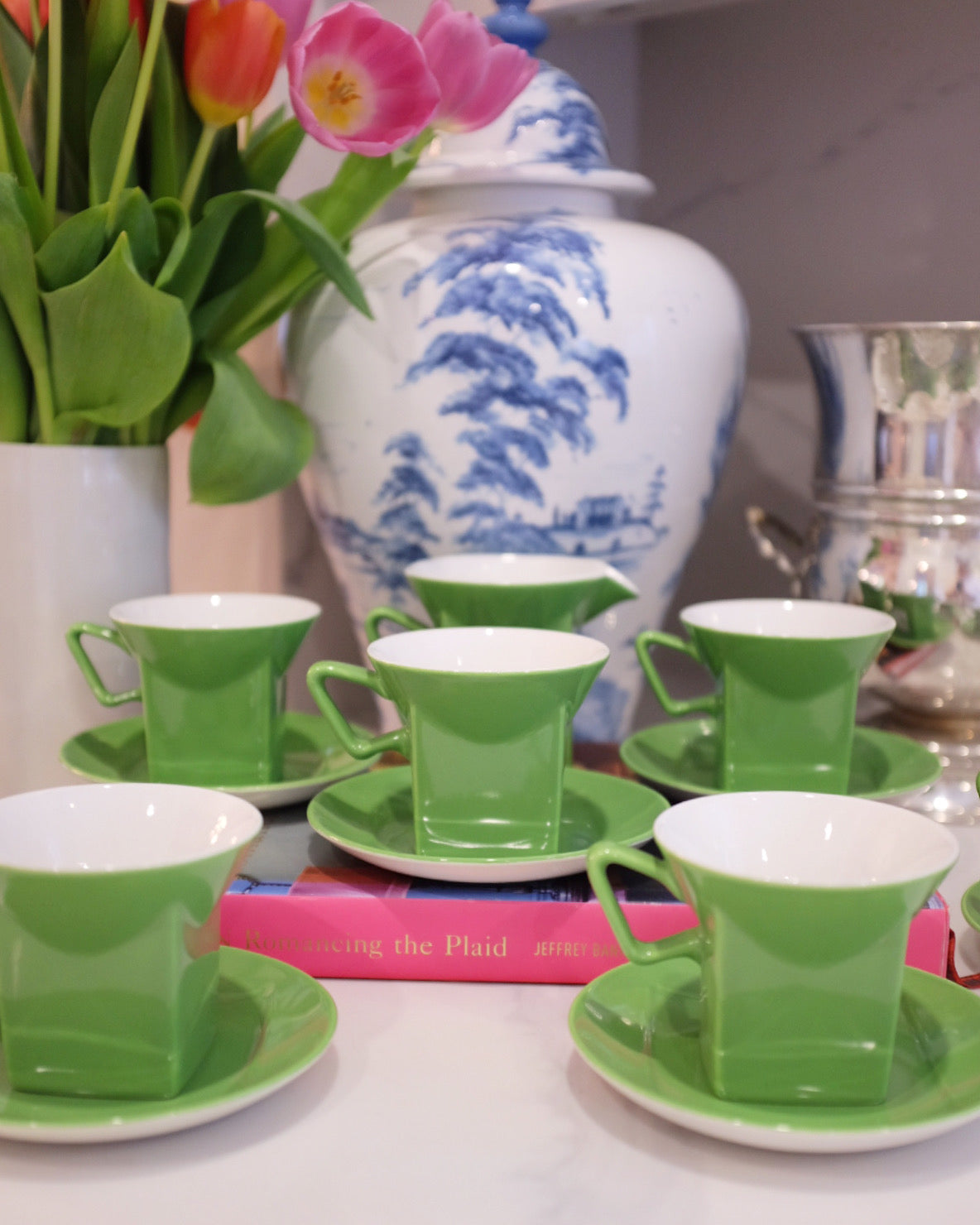 Green and White Johnson Bros. Square Tea Set