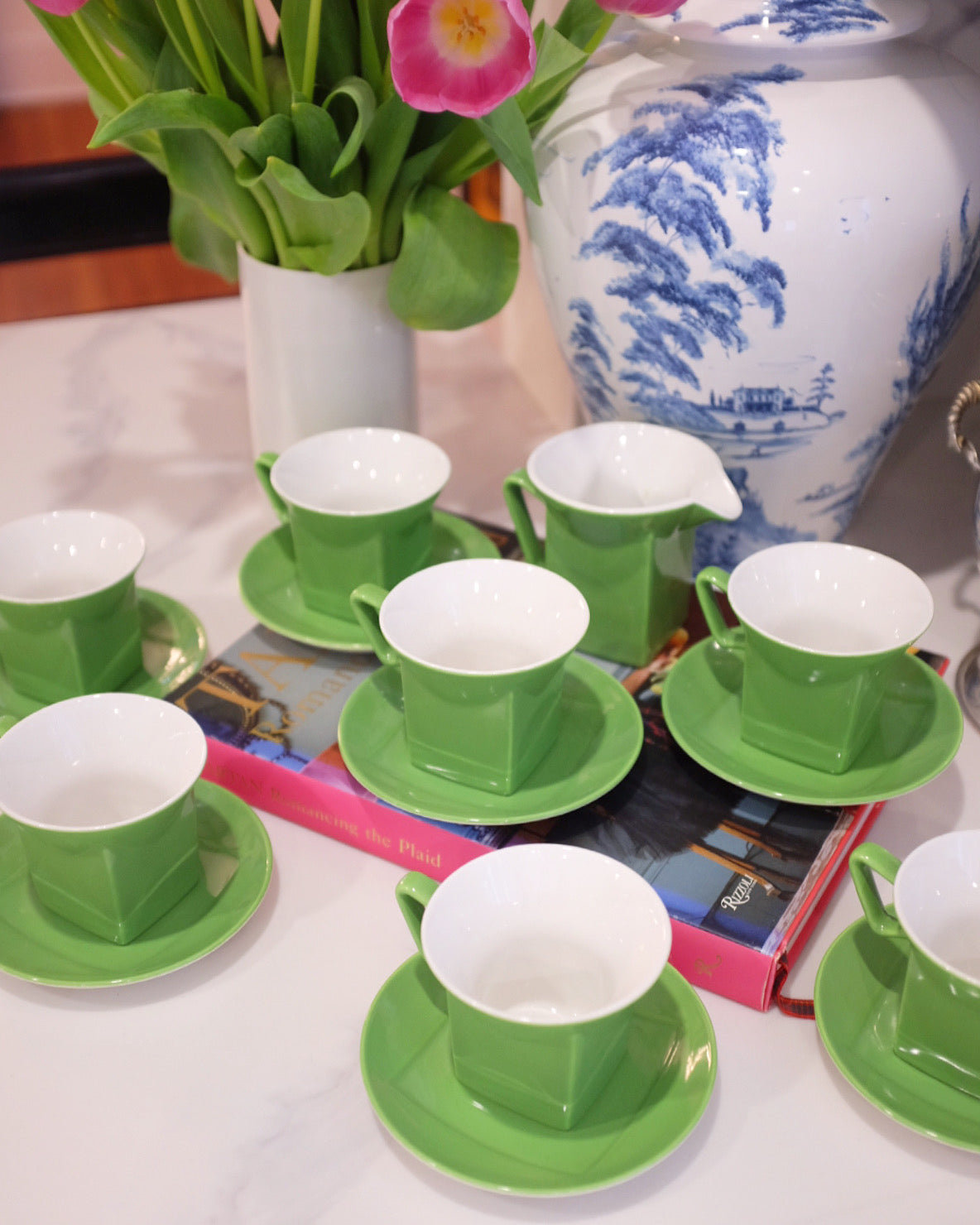 Green and White Johnson Bros. Square Tea Set