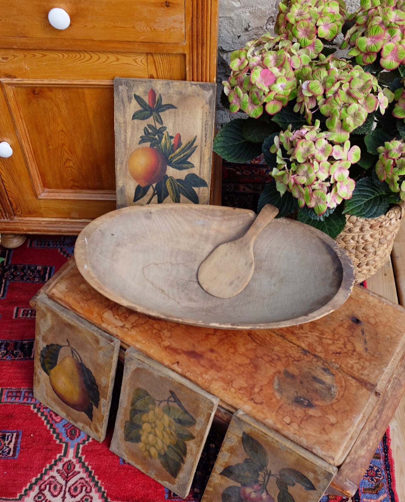 Antique Dough Bowl with Butter Paddle