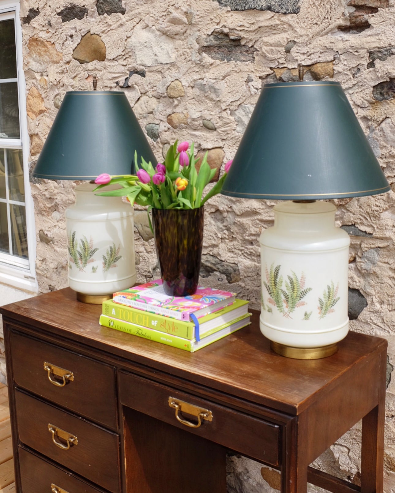 Pair of Glass Lamps with Fern Details