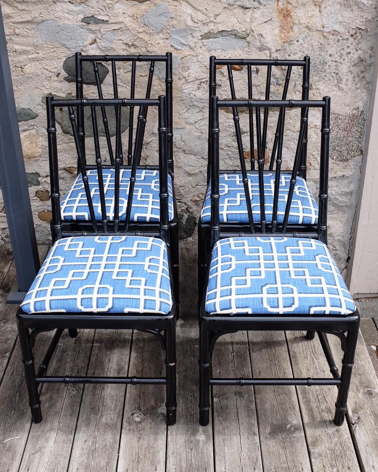Black Lacquered Faux Bamboo Chairs with Trellis Upholstery