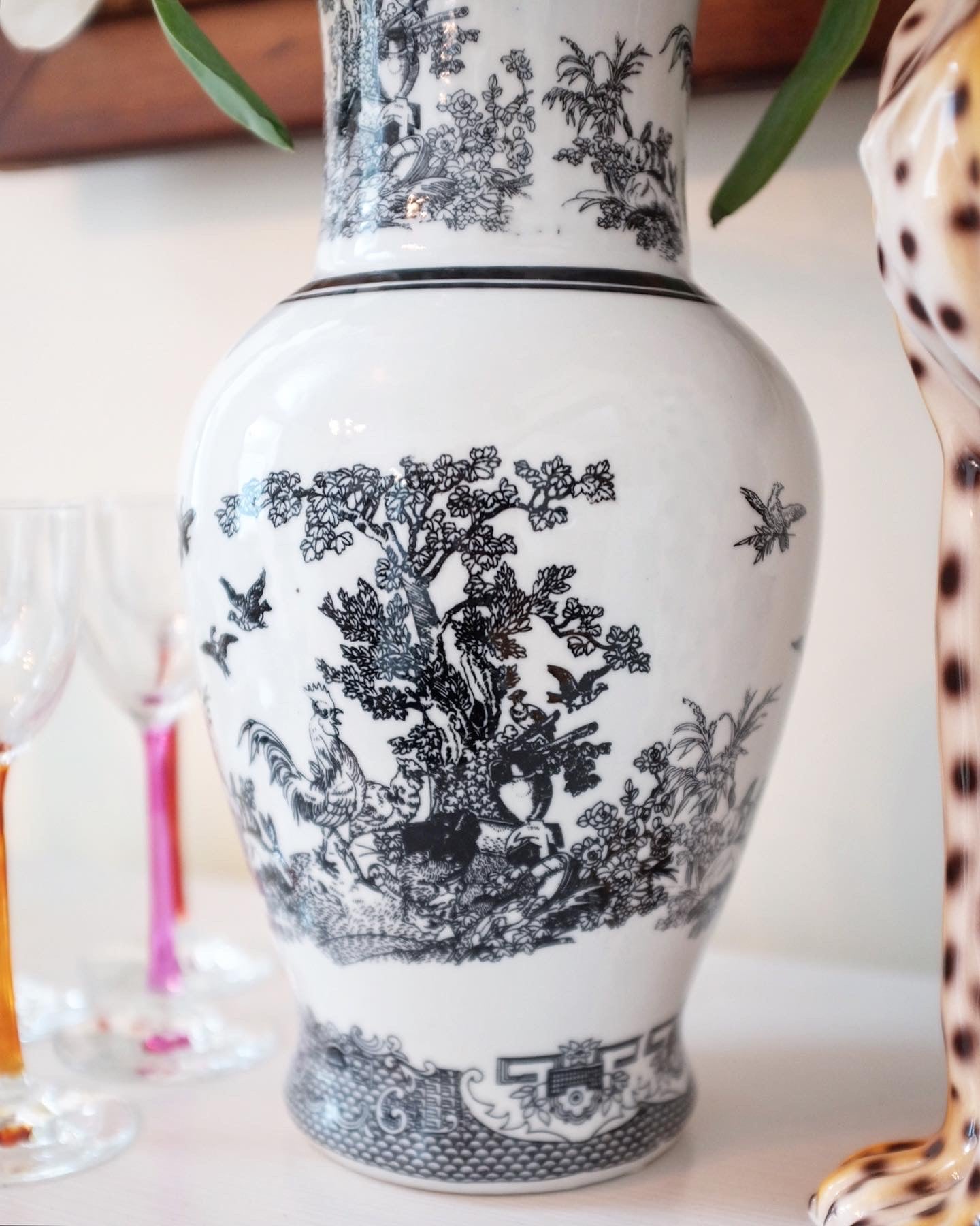 Black and White Rooster Toile/Chinoiserie Vase