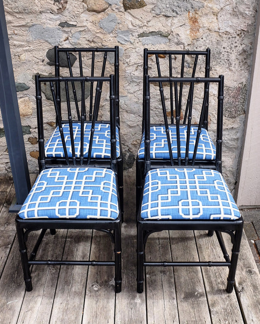 Black Lacquered Faux Bamboo Chairs with Trellis Upholstery
