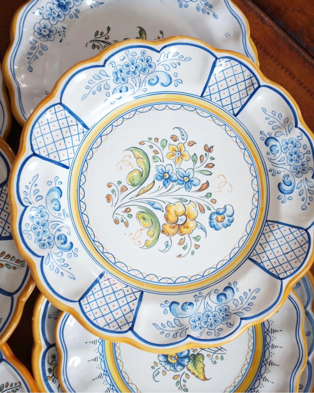 Set of 8 Portuguese Blue and Yellow Floral Plates