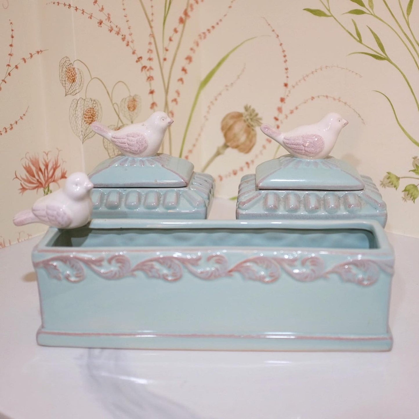 Set of Three Pale Blue Tricket Dishes with White Bird Details