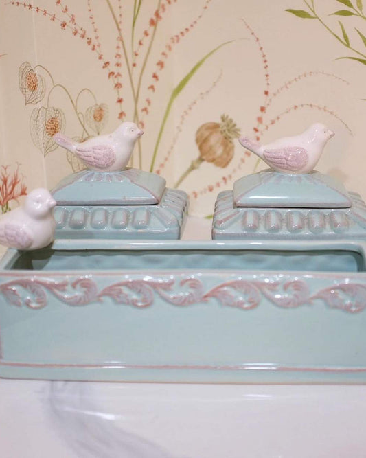 Set of Three Pale Blue Tricket Dishes with White Bird Details