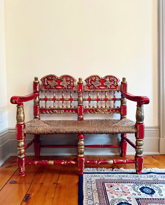 19th Century Spanish Andalusian Polychrome Red and Gold Bench