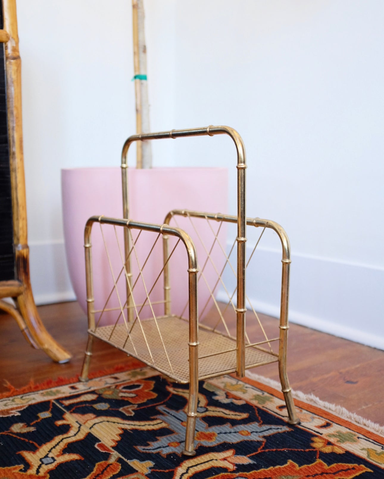 Brass Faux Bamboo and Cane Magazine Rack
