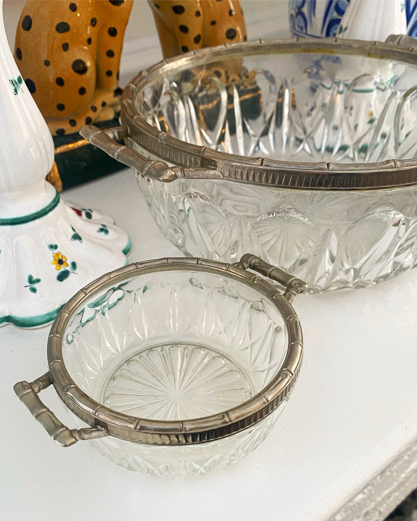 Cut Glass Bowls with Silver Faux Bamboo Trim