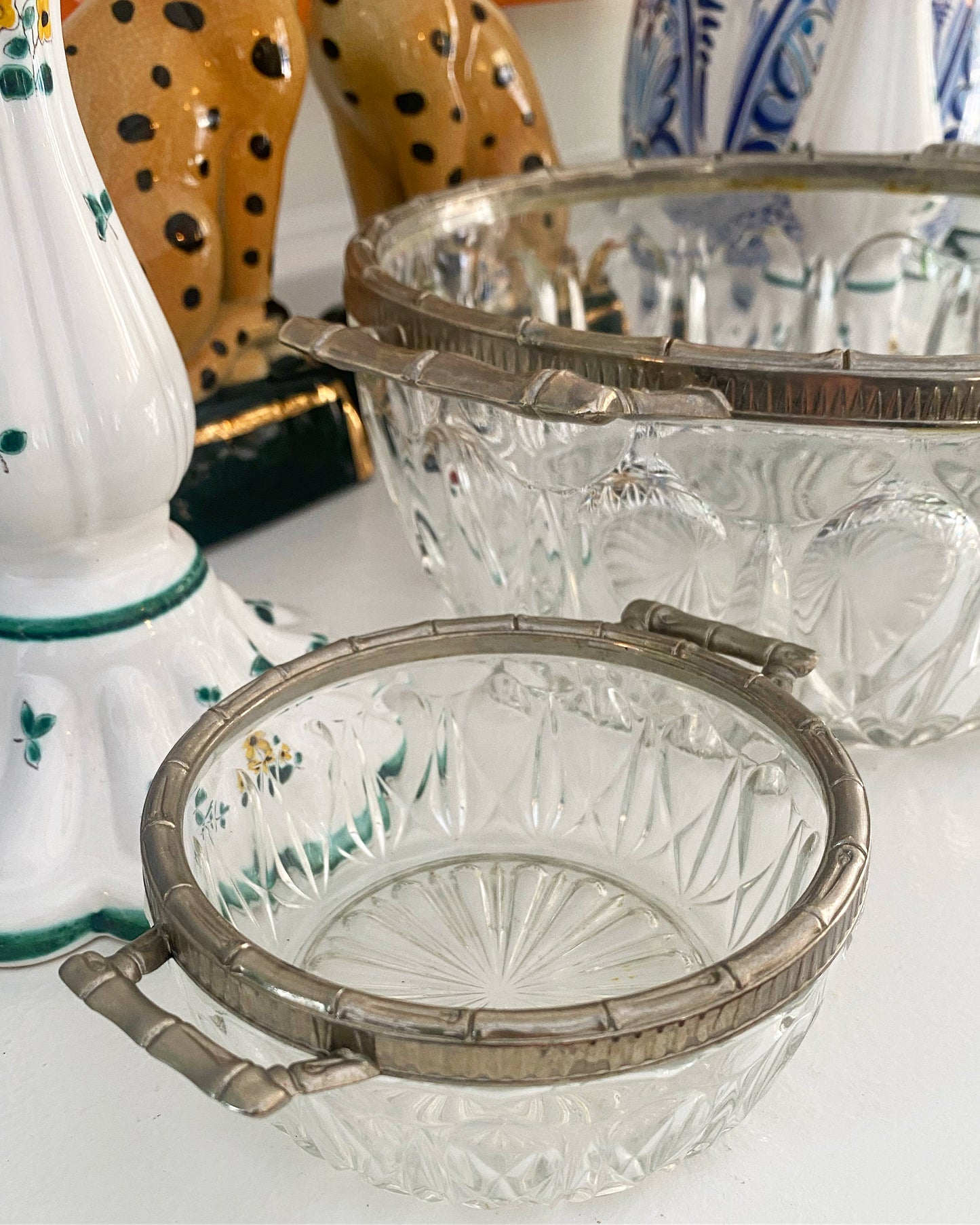 Cut Glass Bowls with Silver Faux Bamboo Trim