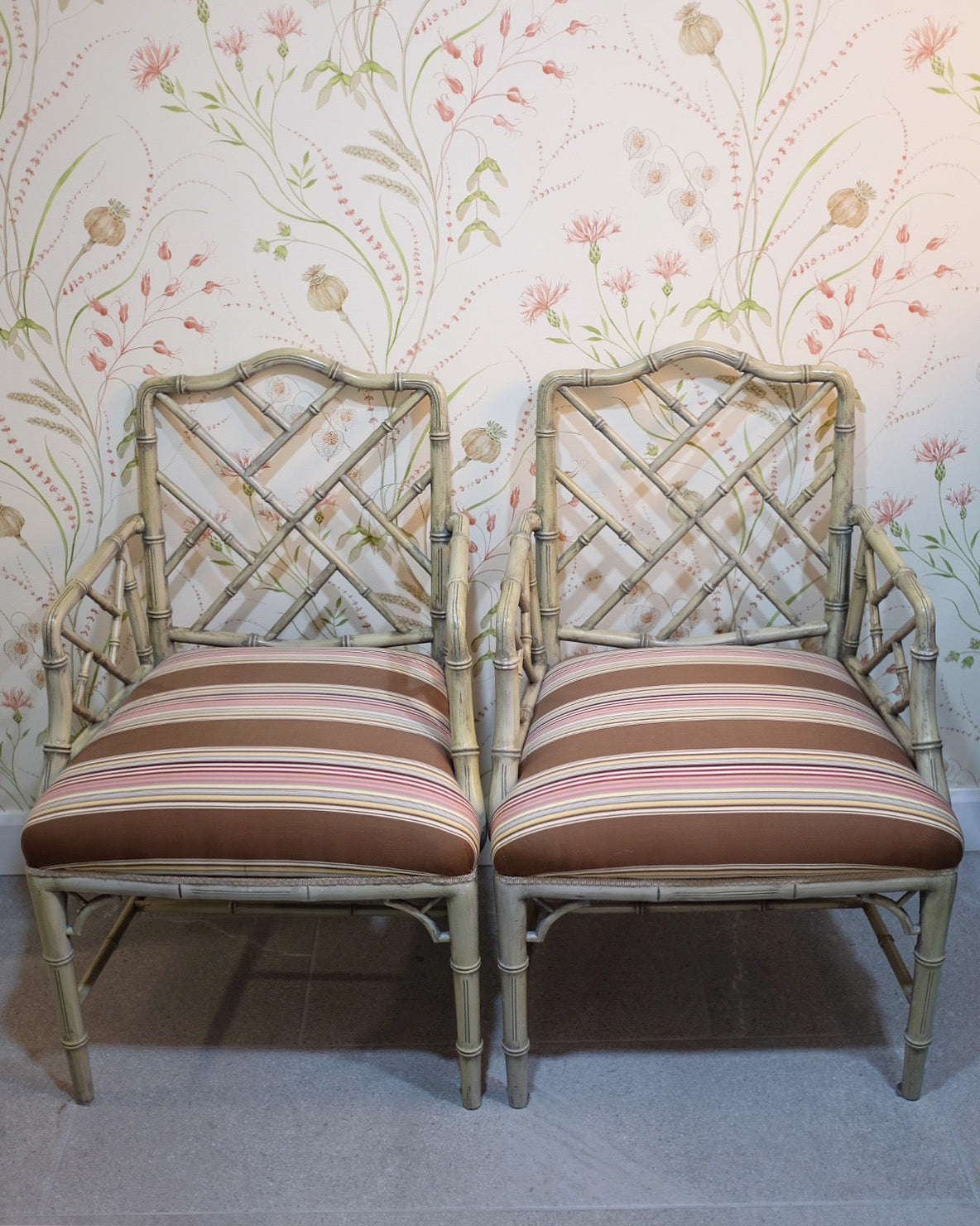 Distressed Pair of Faux Bamboo Captains Chairs