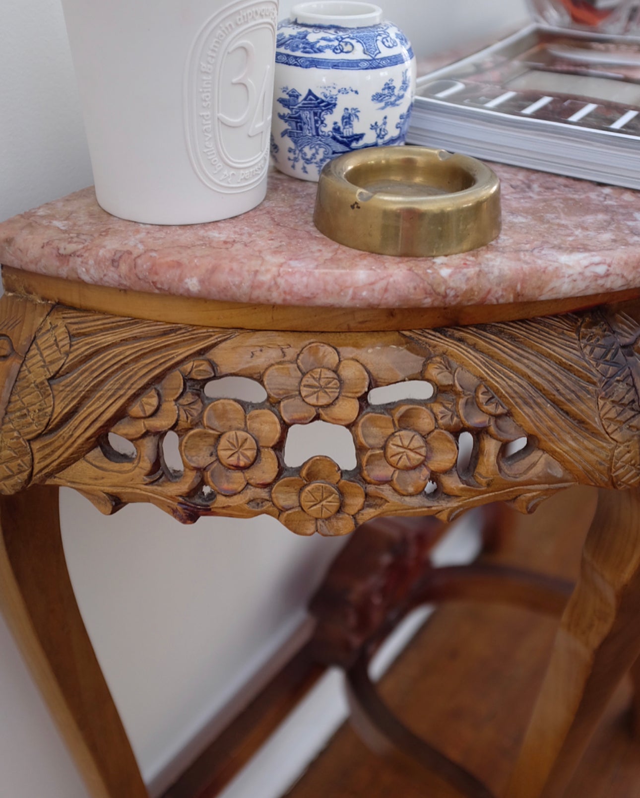 Carved Demi Lune Table with Pink Marble Top