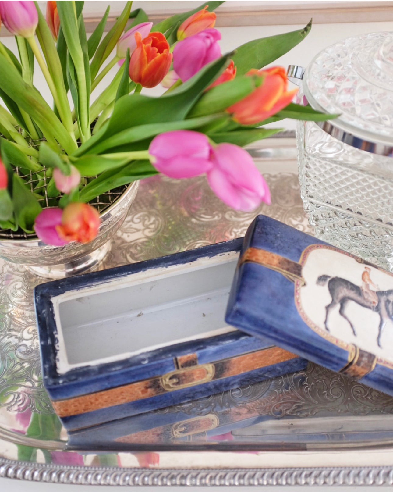Navy Blue and Brown Ceramic Box with Equestrain