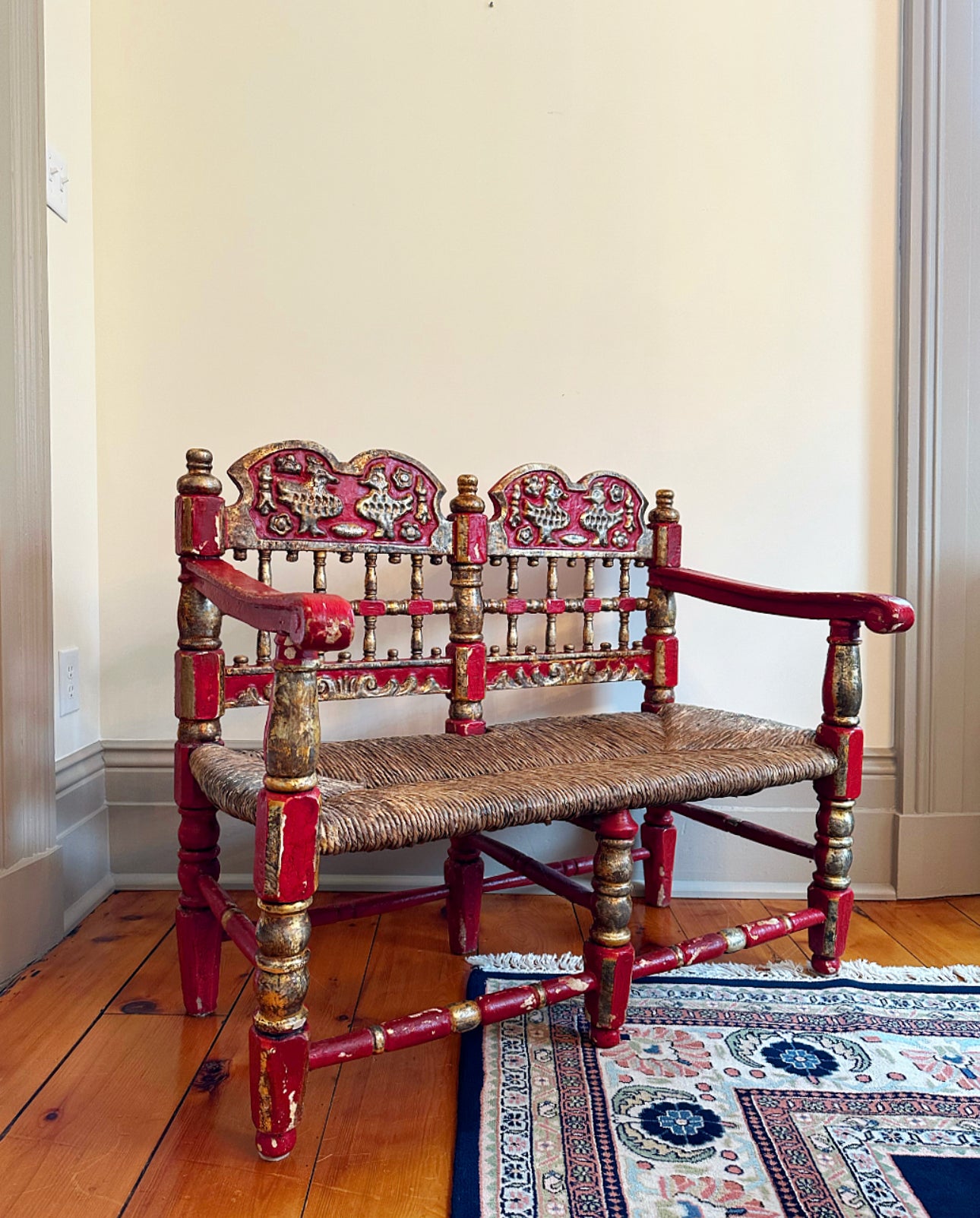19th Century Spanish Andalusian Polychrome Red and Gold Bench