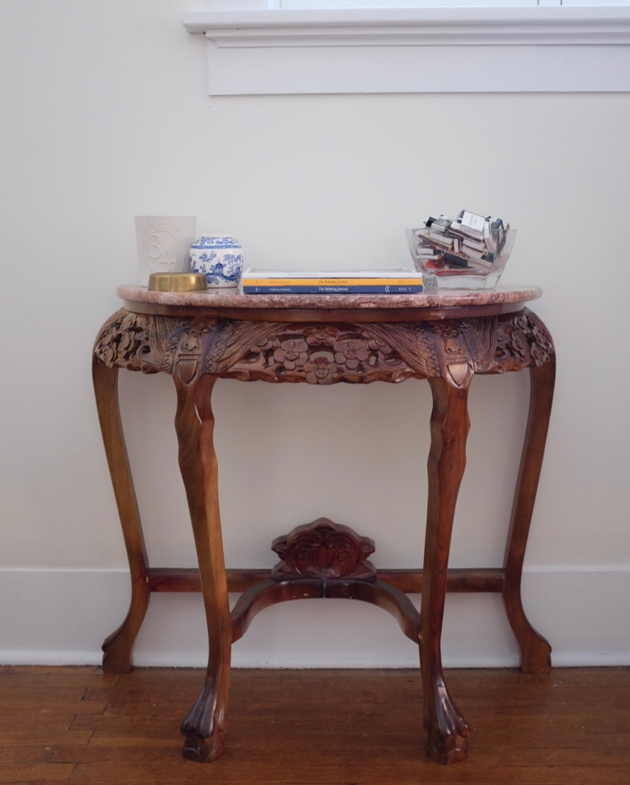 Carved Demi Lune Table with Pink Marble Top