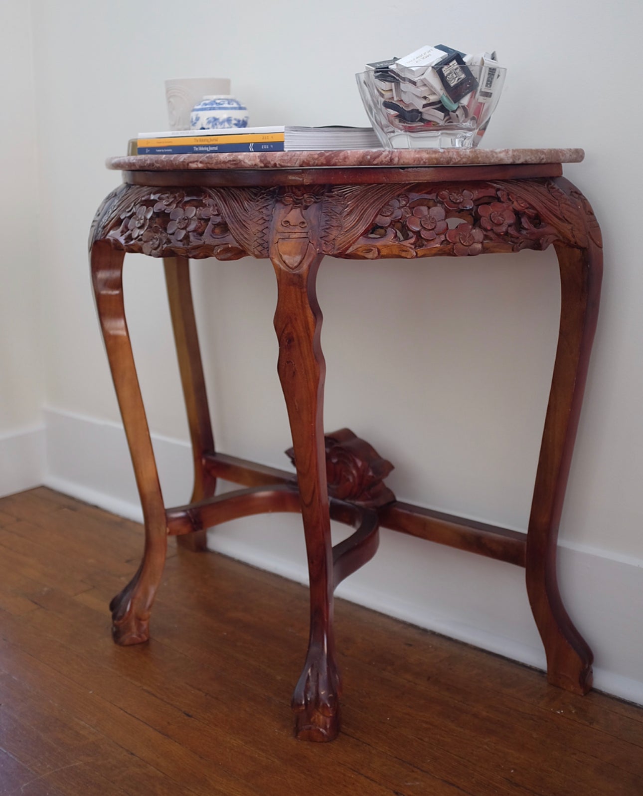 Carved Demi Lune Table with Pink Marble Top