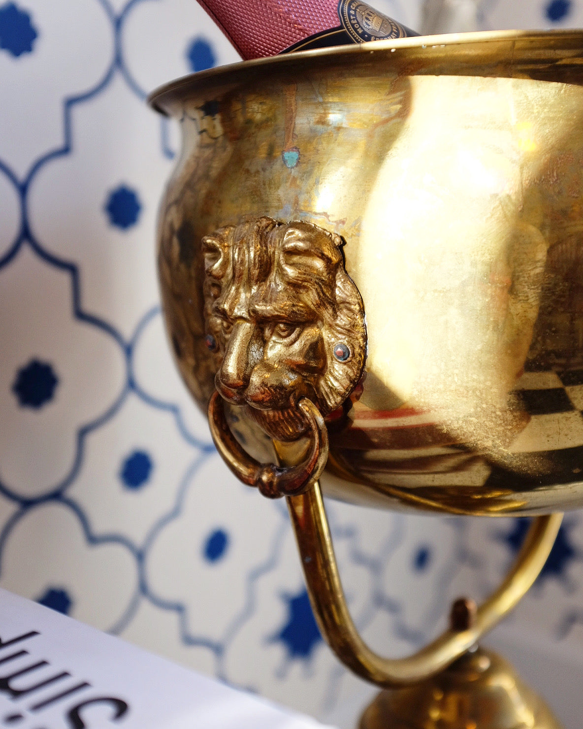 Large Brass Lions Head Floor Champagne Bucket