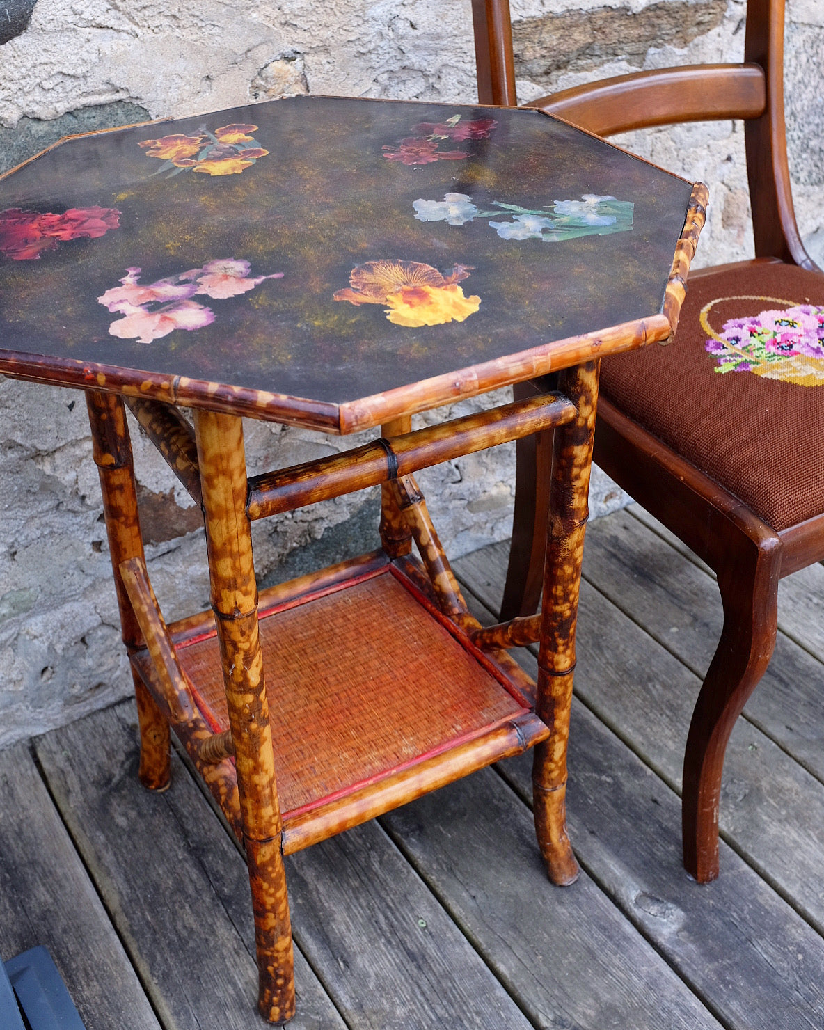 English Floral Top Octagonal Burnt Bamboo Table