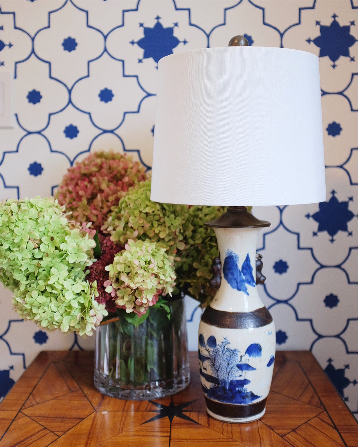Small Blue and White Lamp with Brass Details