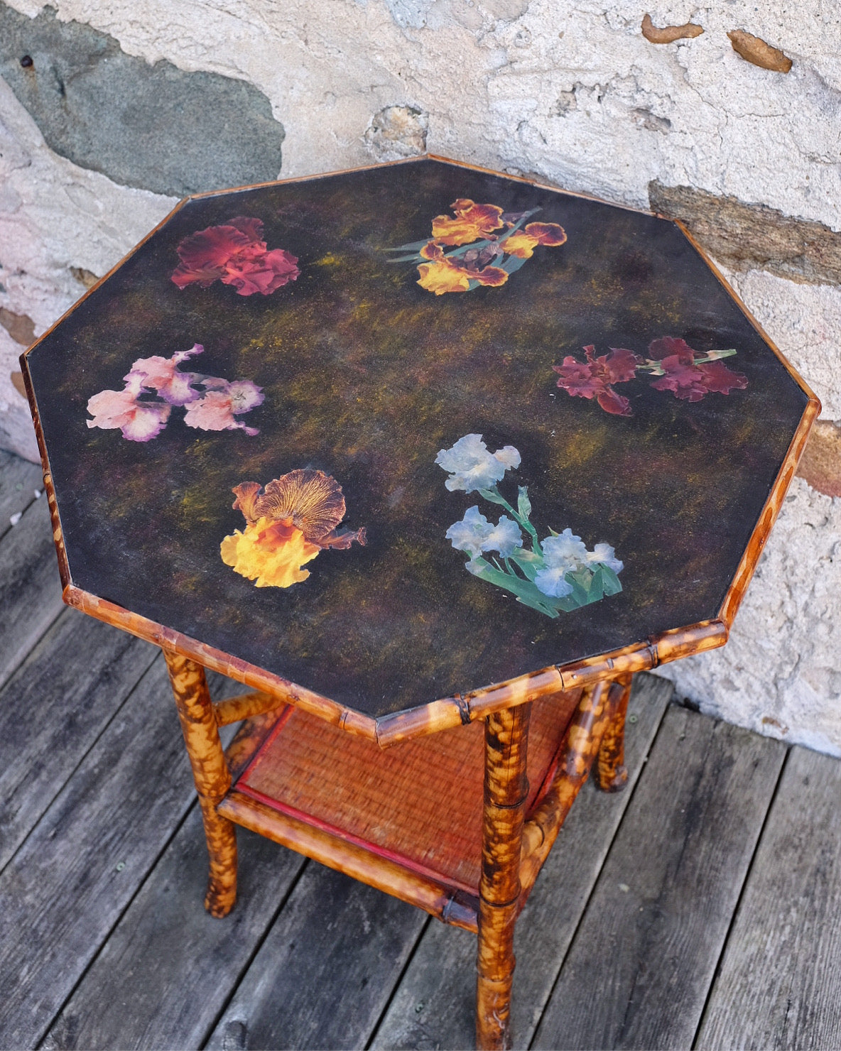English Floral Top Octagonal Burnt Bamboo Table