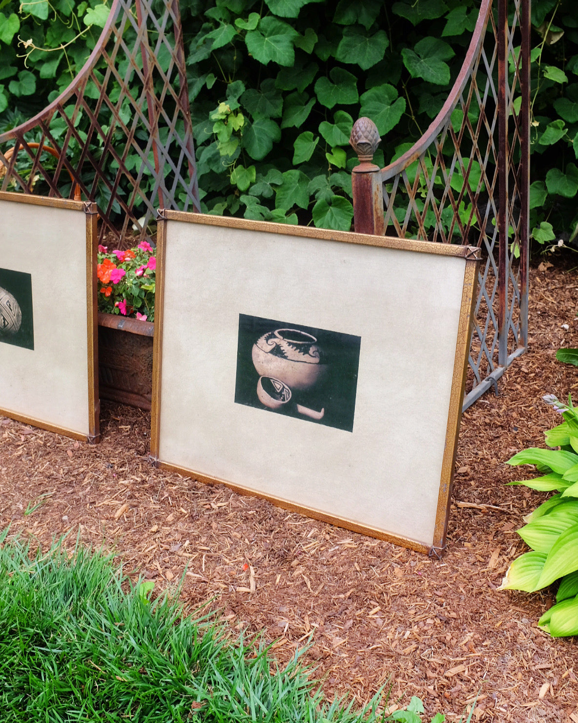 Large Brass Framed Tribal Ceramic Prints