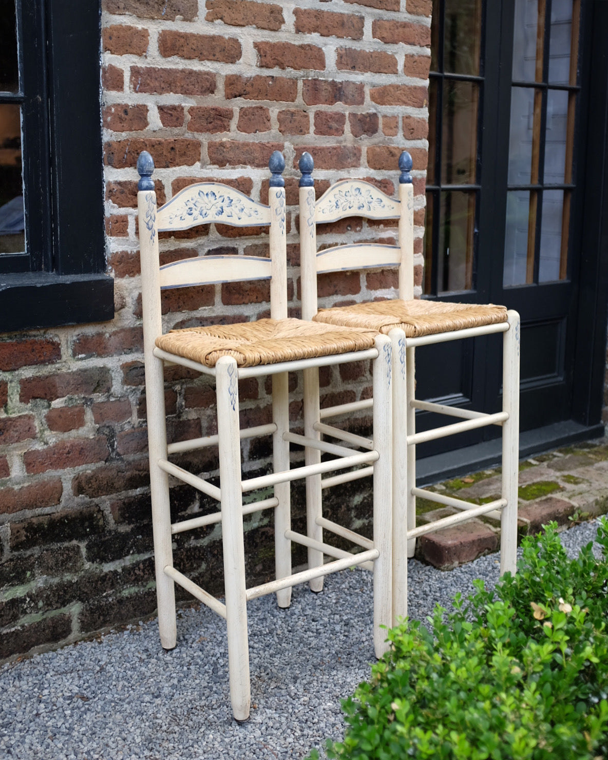 Pair of Blue and White Rush Seat Bar Stools