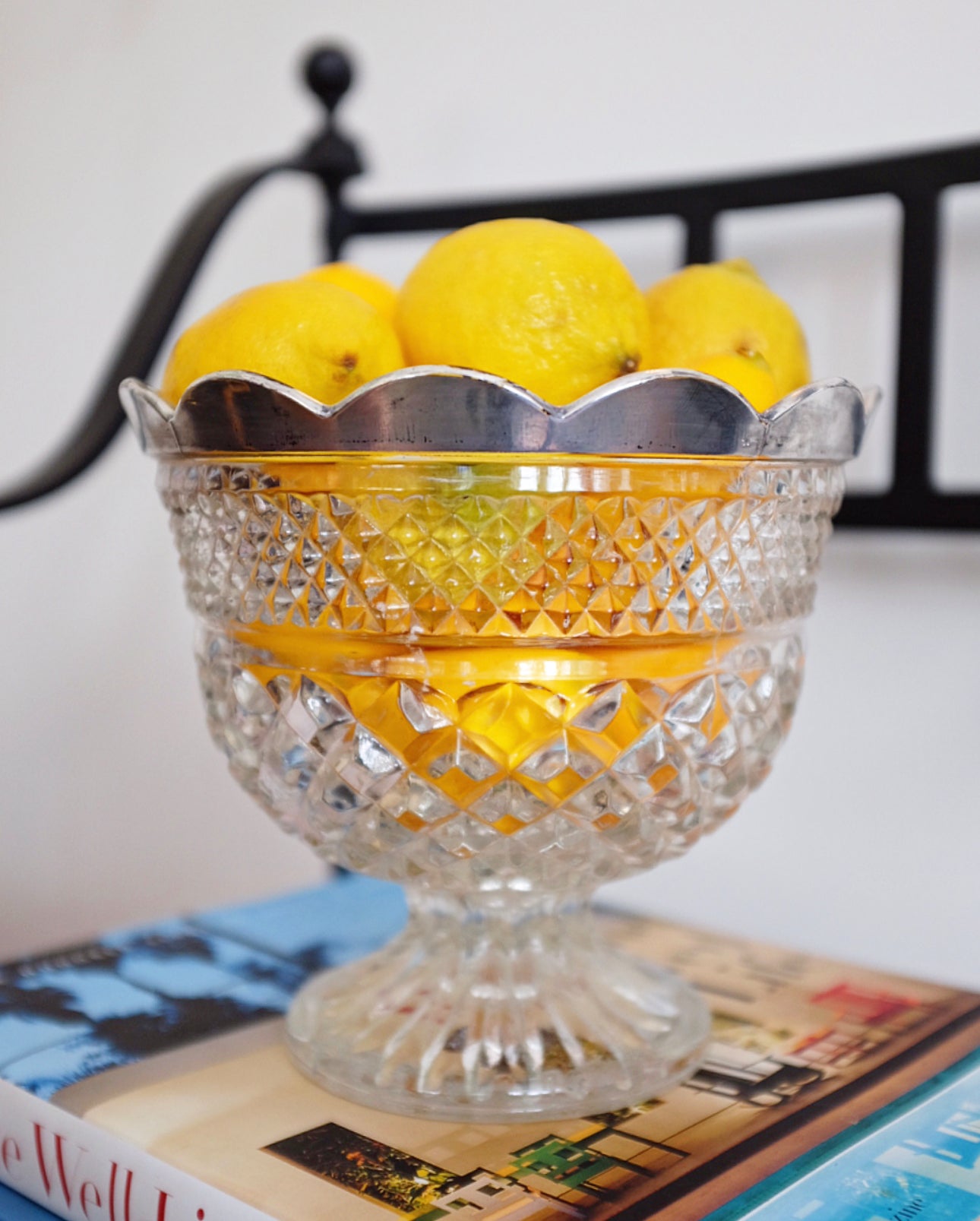 Glass Bowl on Pedestal with Silver Scallop Edge