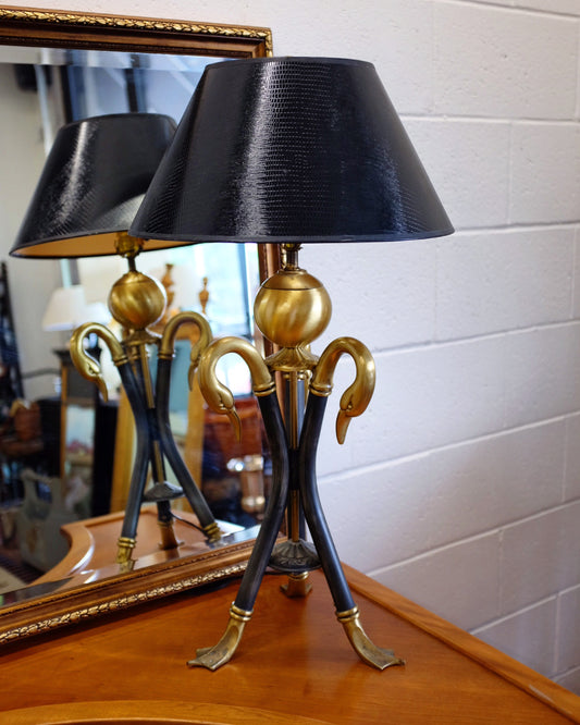 Black Metal and Brass Swan Lamp